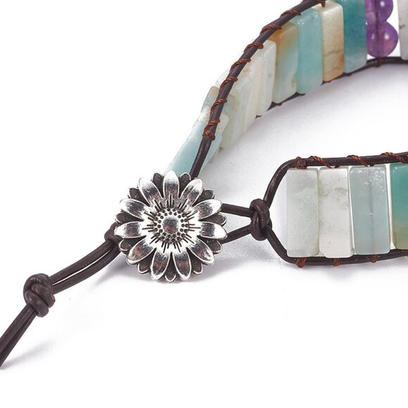 NWOT natural gemstones & leather wrap bracelet - Sunflower closure - Picture 3 of 4